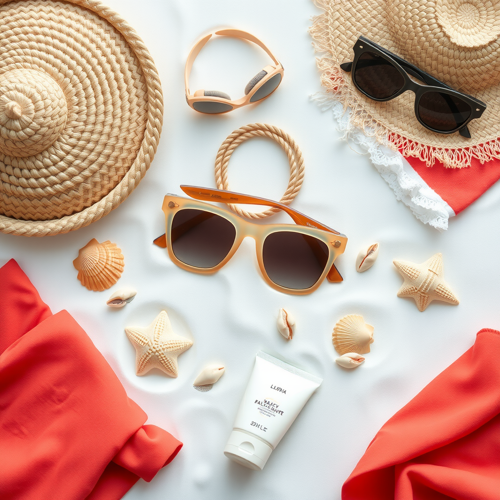 Beach Bloom Accessories - Flat lay of coordinated beach accessories including woven straw bag, oversized sunglasses, coral beach towel, seashells, sunscreen, arranged on white sand